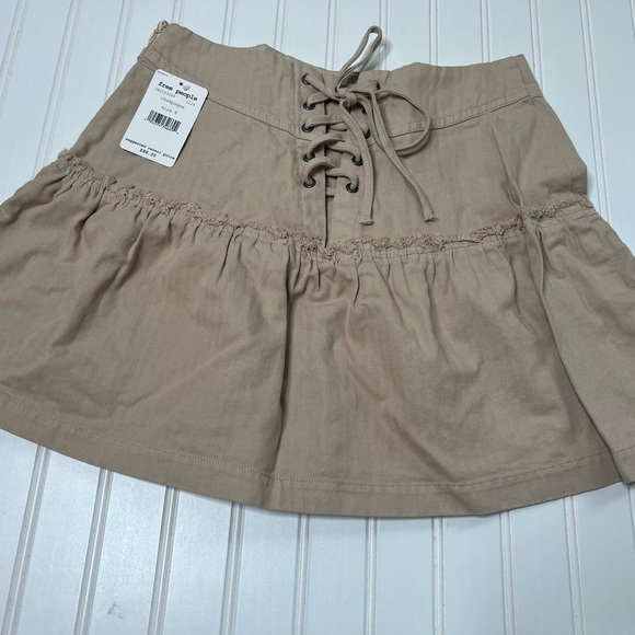 Free People Positano Tiered Mini Skirt Lace Up Back Khaki Women’s 8 NEW.   75 - Picture 4 of 4